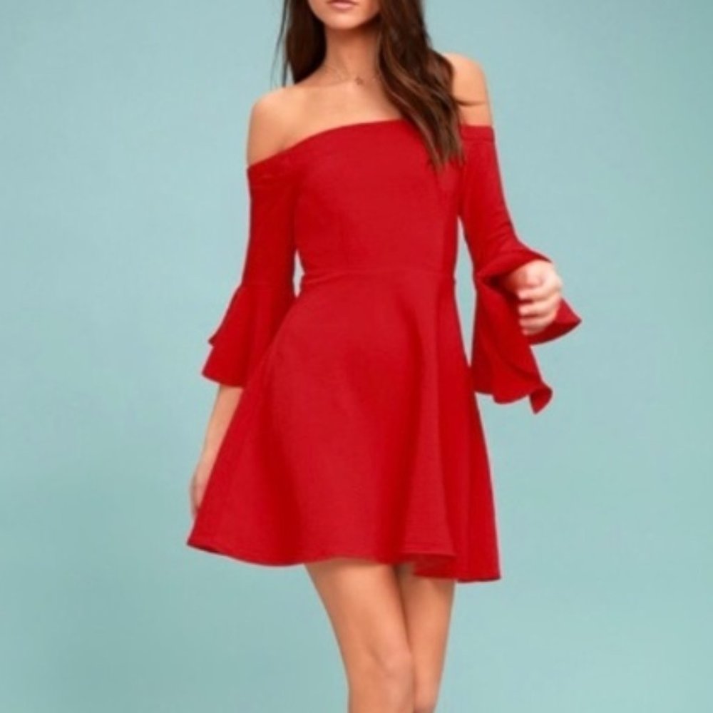 J.O.A. MIKKAA RED OFF-THE-SHOULDER SKATER DRESS